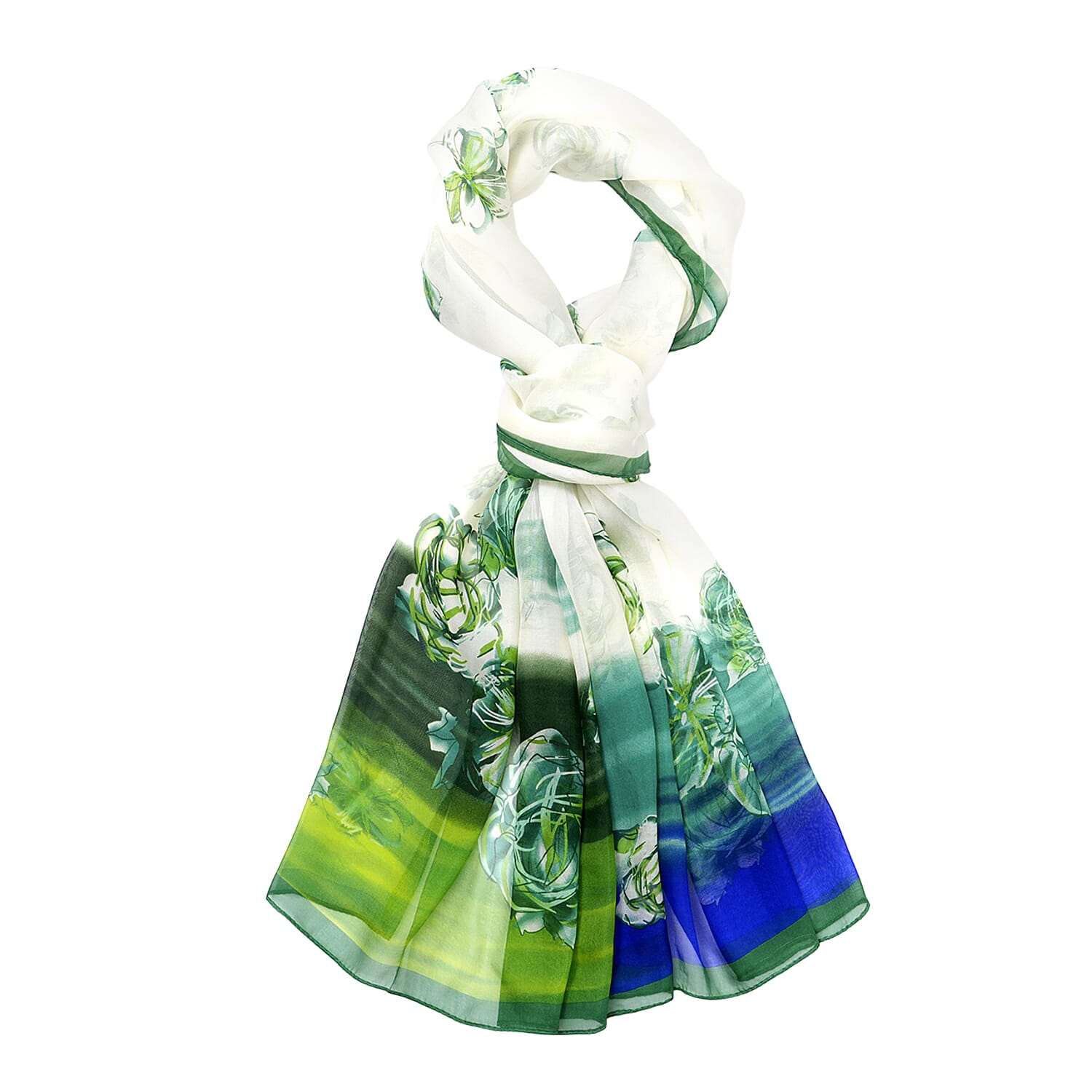 La Marey Mulberry Silk Floral Print Scarf (175 x 65cm) - Blue &amp; Green 8166906 6