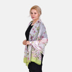 LA MAREY Floral Pattern 100% Mulberry Silk Scarf (Size 180x110cm) - White & Green