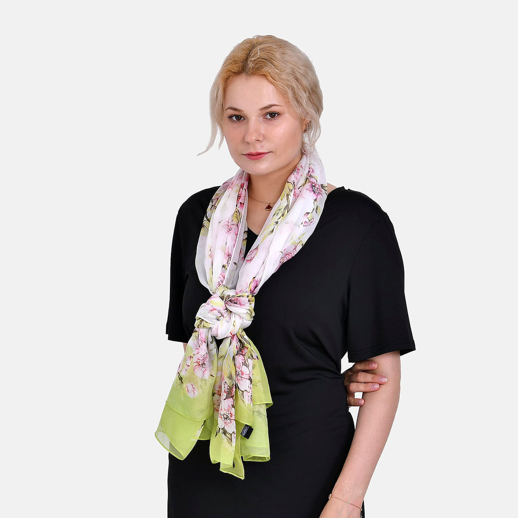 LA MAREY Floral Pattern 100% Mulberry Silk Scarf (Size 180x110cm) - White & Green