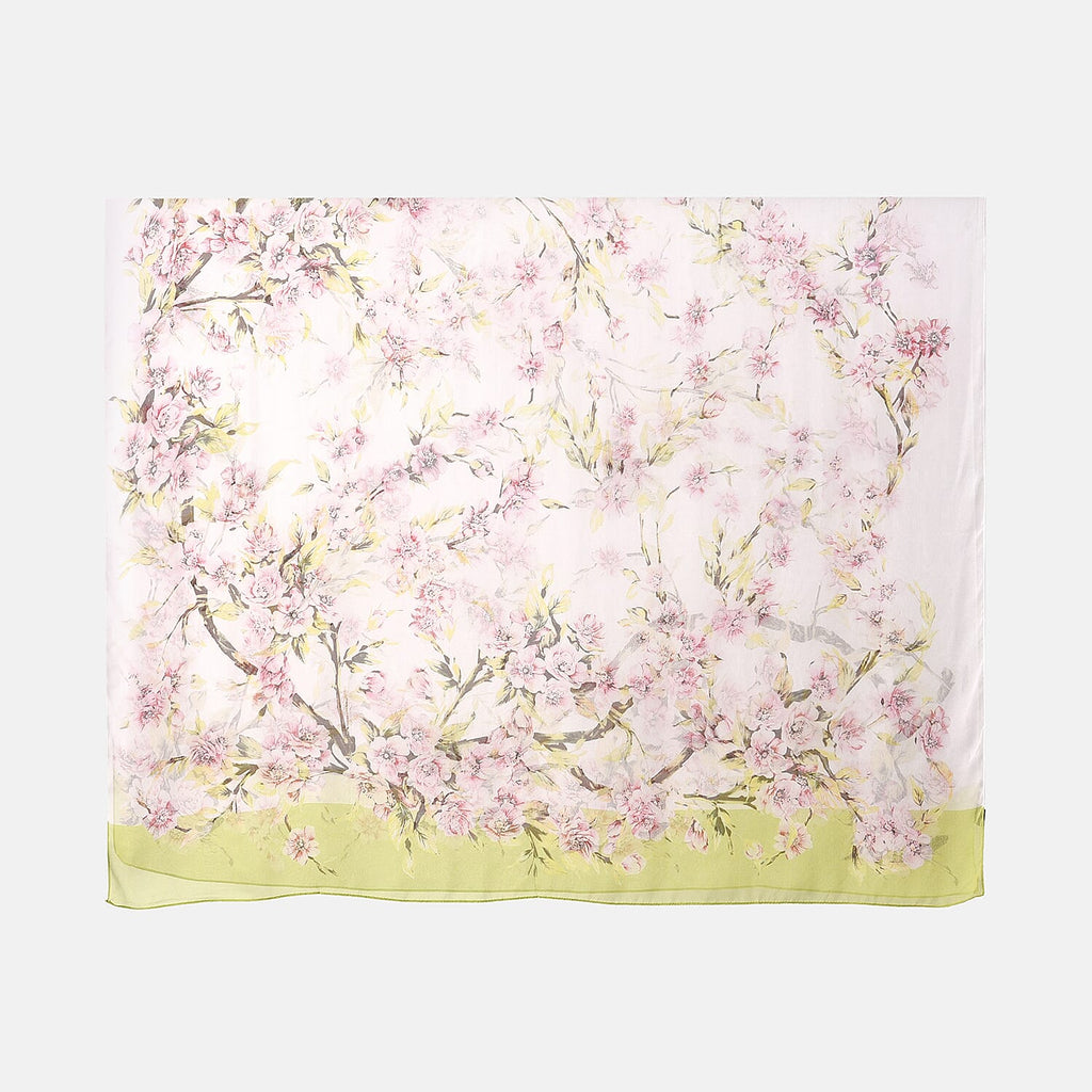 LA MAREY Floral Pattern 100% Mulberry Silk Scarf (Size 180x110cm) - White & Green