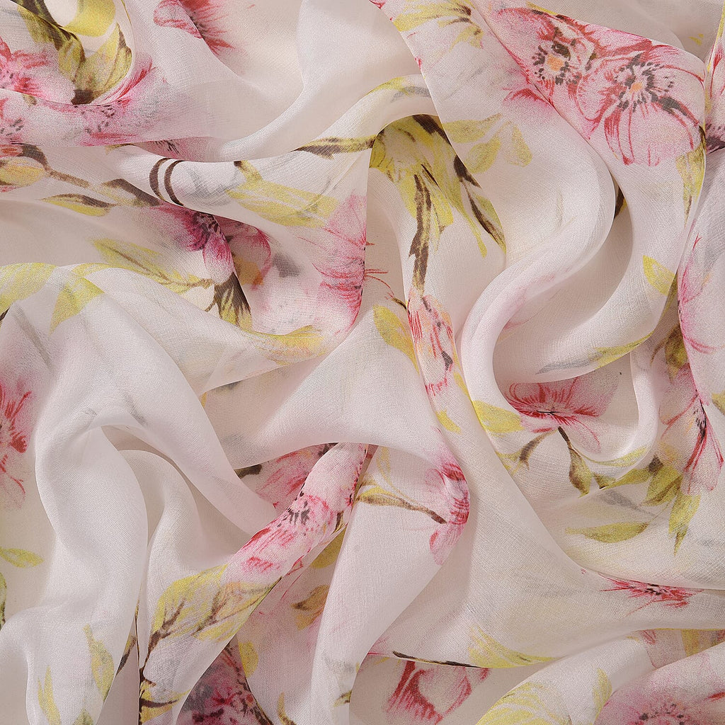 LA MAREY Floral Pattern 100% Mulberry Silk Scarf (Size 180x110cm) - White & Green