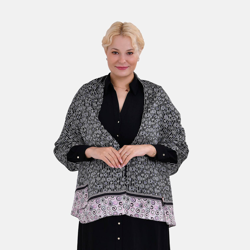 La Marey 100% Mulberry Silk Printed Scarf (Size 170x55cm) - Black, White & Red