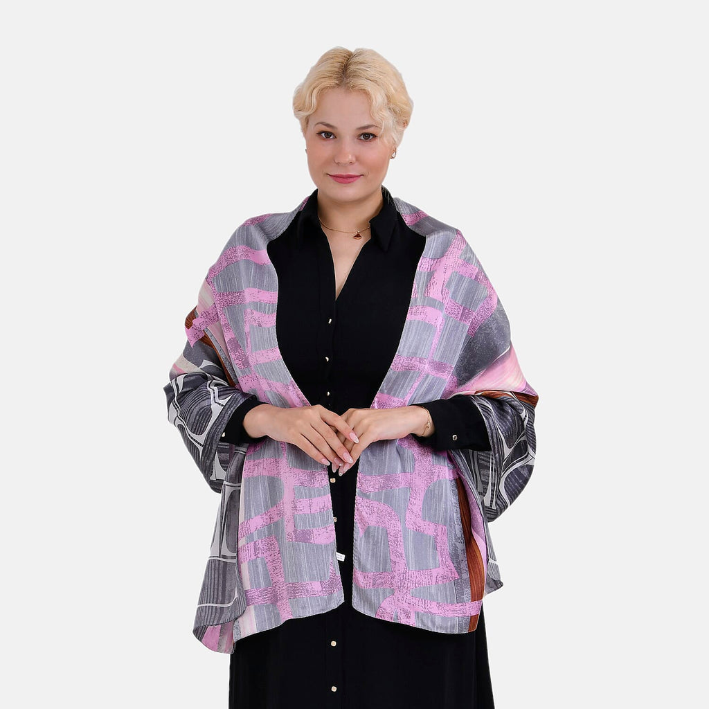 La Marey 100% Mulberry Silk Printed Scarf (Size 170x55cm) - Grey & Pink