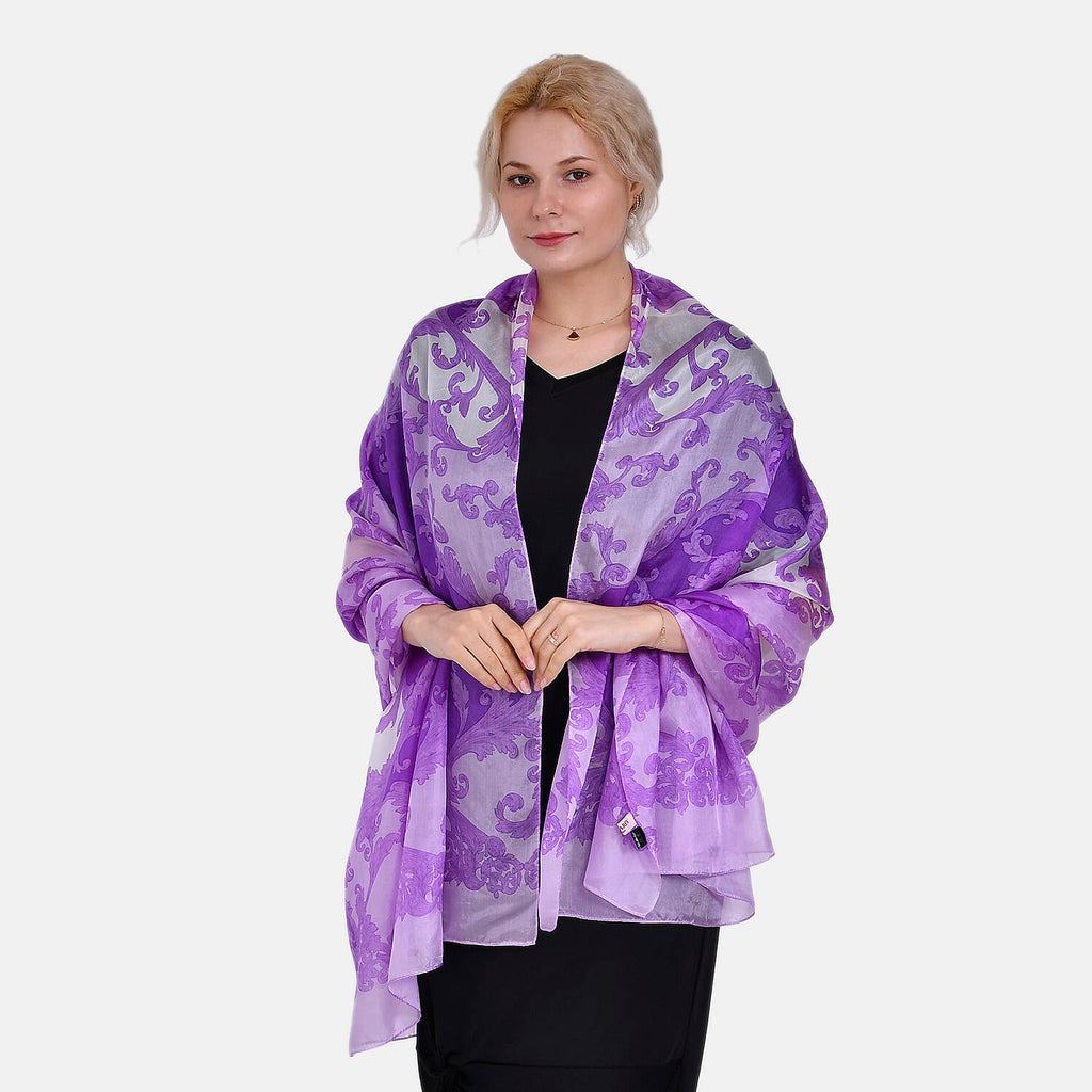 La Marey 100% Mulberry Silk Printed Chiffon Scarf (Size 180x110cm) - Purple - White