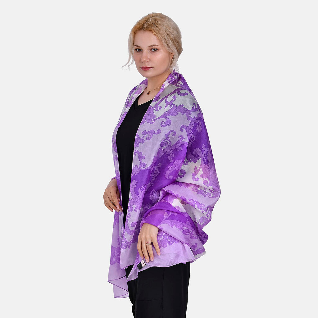 La Marey 100% Mulberry Silk Printed Chiffon Scarf (Size 180x110cm) - Purple - White