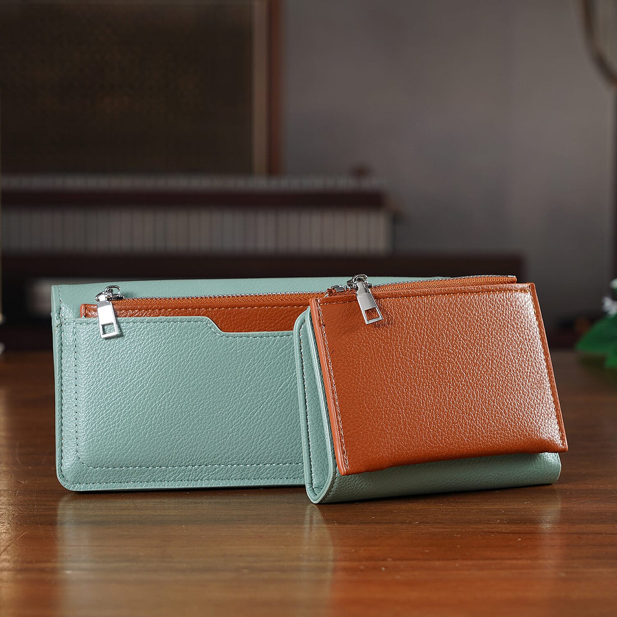 La Marey - Set of 2 RFID Blocking Wallet &amp; Card Holder - Green &amp; Tan V32374159 2