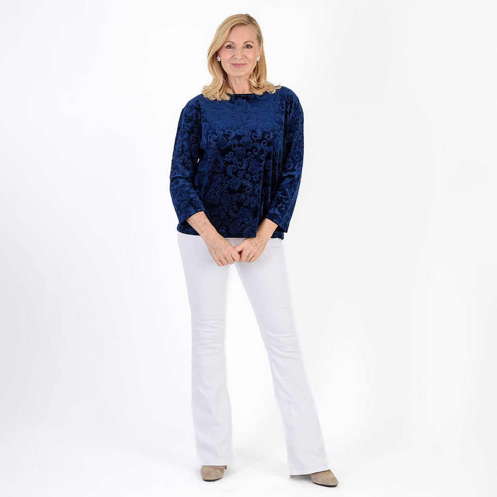 La Marey Paisley Emboss Velvet Blouse (Size XL) - Navy