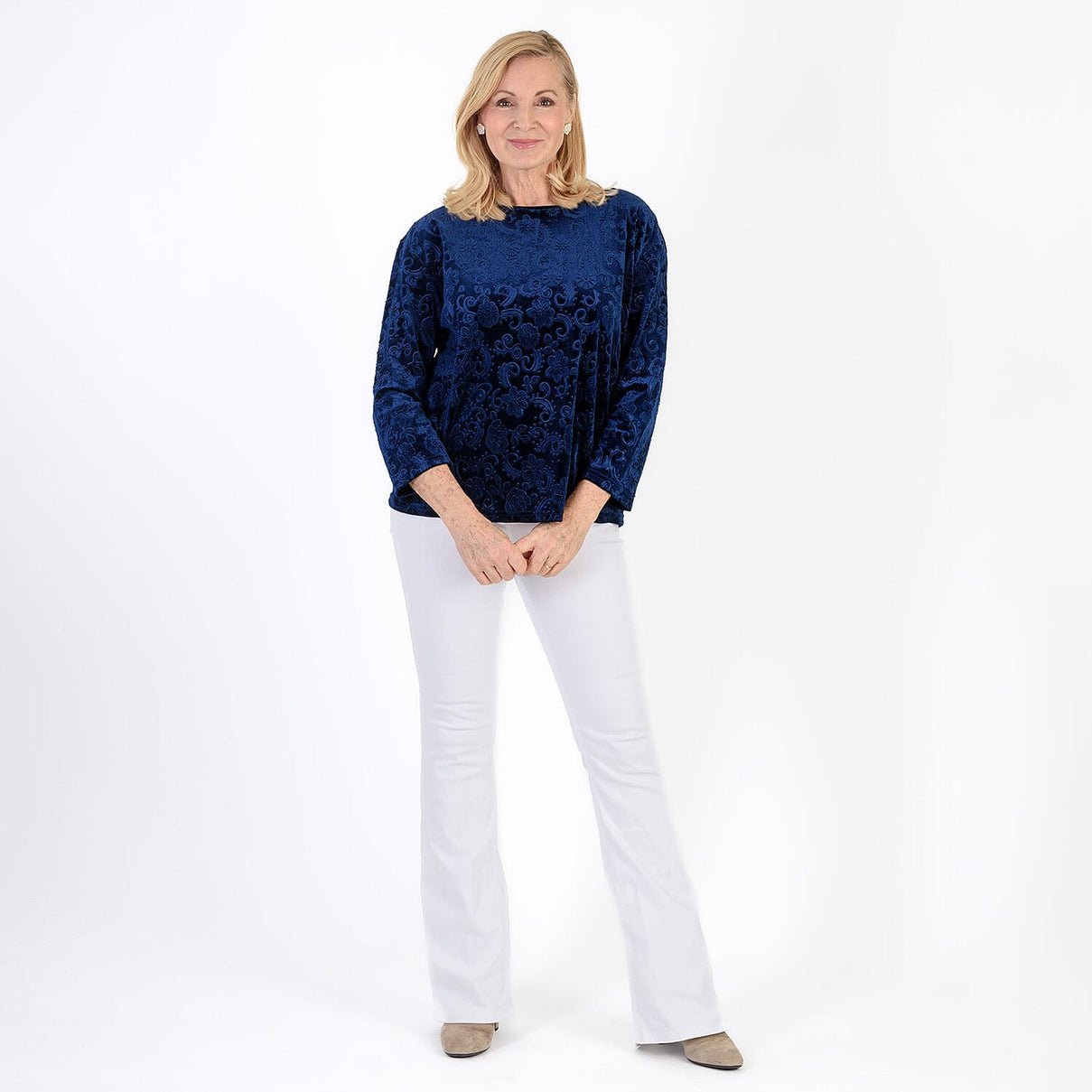 La Marey Paisley Emboss Velvet Blouse (Size XL) - Navy V32529815 2