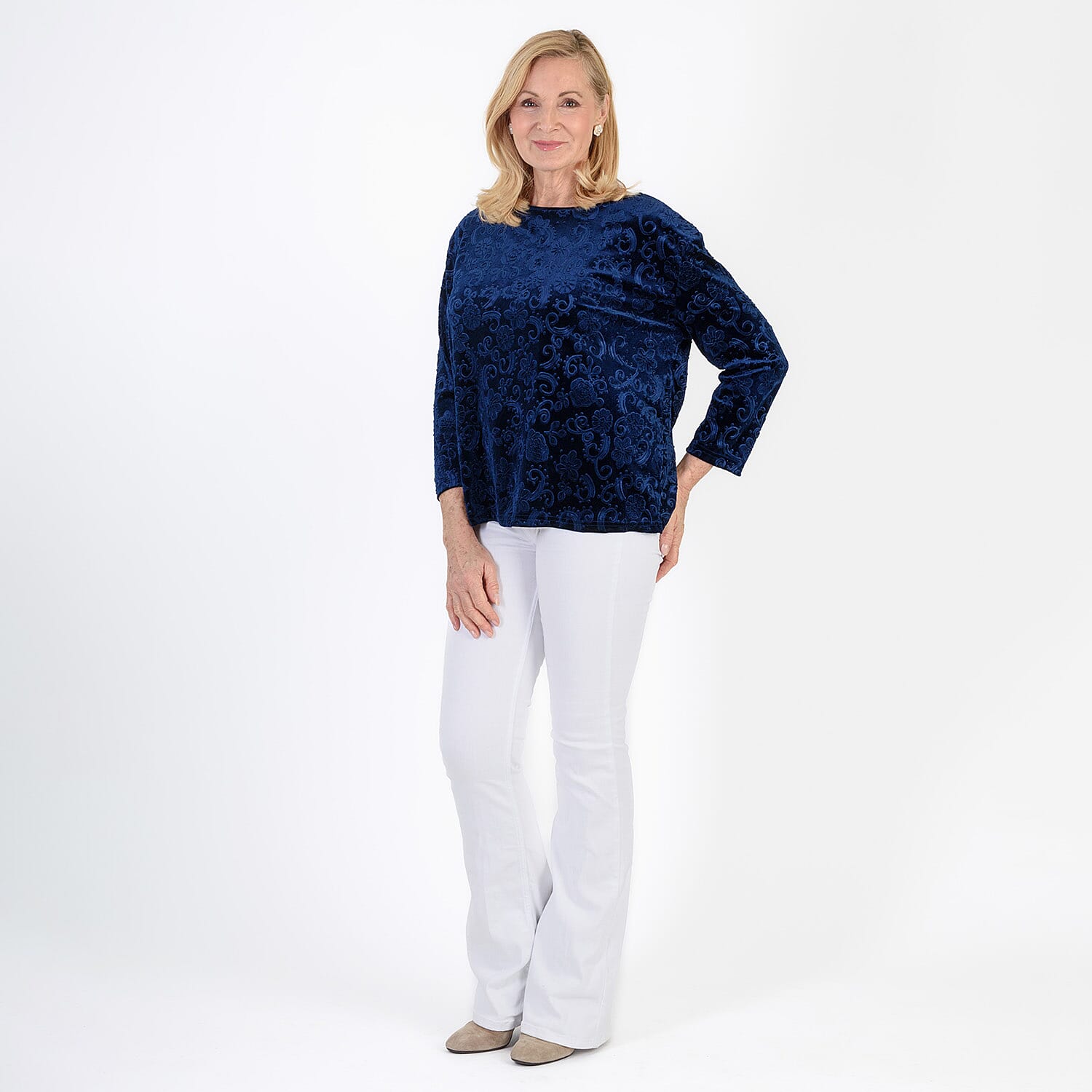 La Marey Paisley Emboss Velvet Blouse (Size XL) - Navy V32529815 3