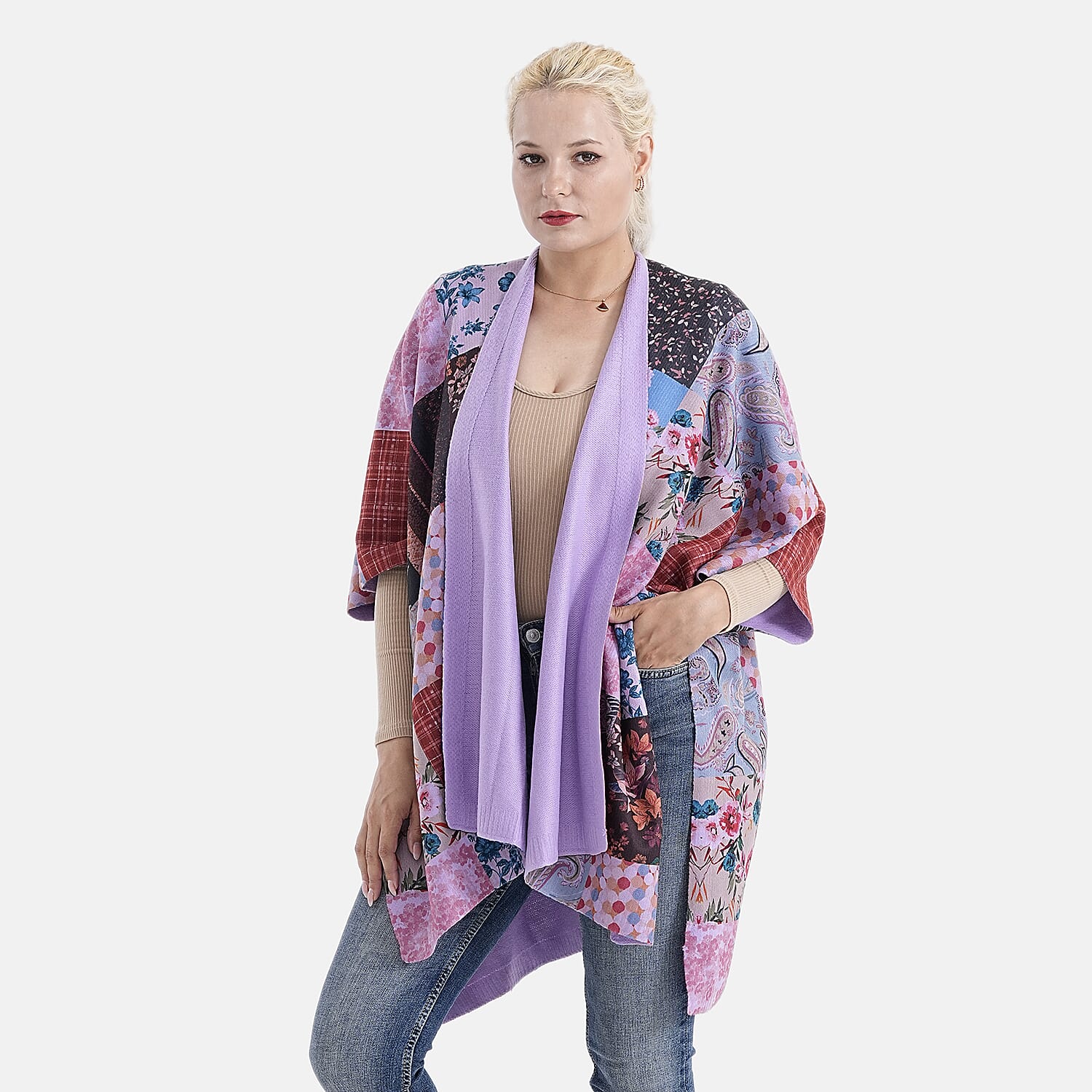 La Marey Patchwork Pattern Shawl (One Size) - Purple V32491447 0