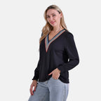 La Marey Elegant V-Neck Blouse with Lace Detail (Size 8 to 10) - Fuschia