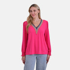 La Marey Elegant V-Neck Blouse with Lace Detail (Size 8 to 10) - Fuschia