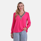 La Marey Elegant V-Neck Blouse with Lace Detail (Size 8 to 10) - Fuschia