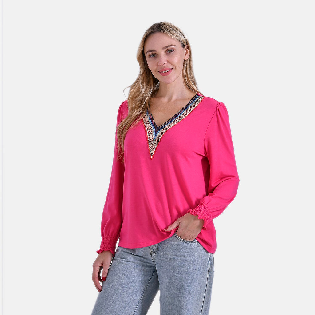 La Marey Elegant V-Neck Blouse with Lace Detail (Size 8 to 10) - Fuschia