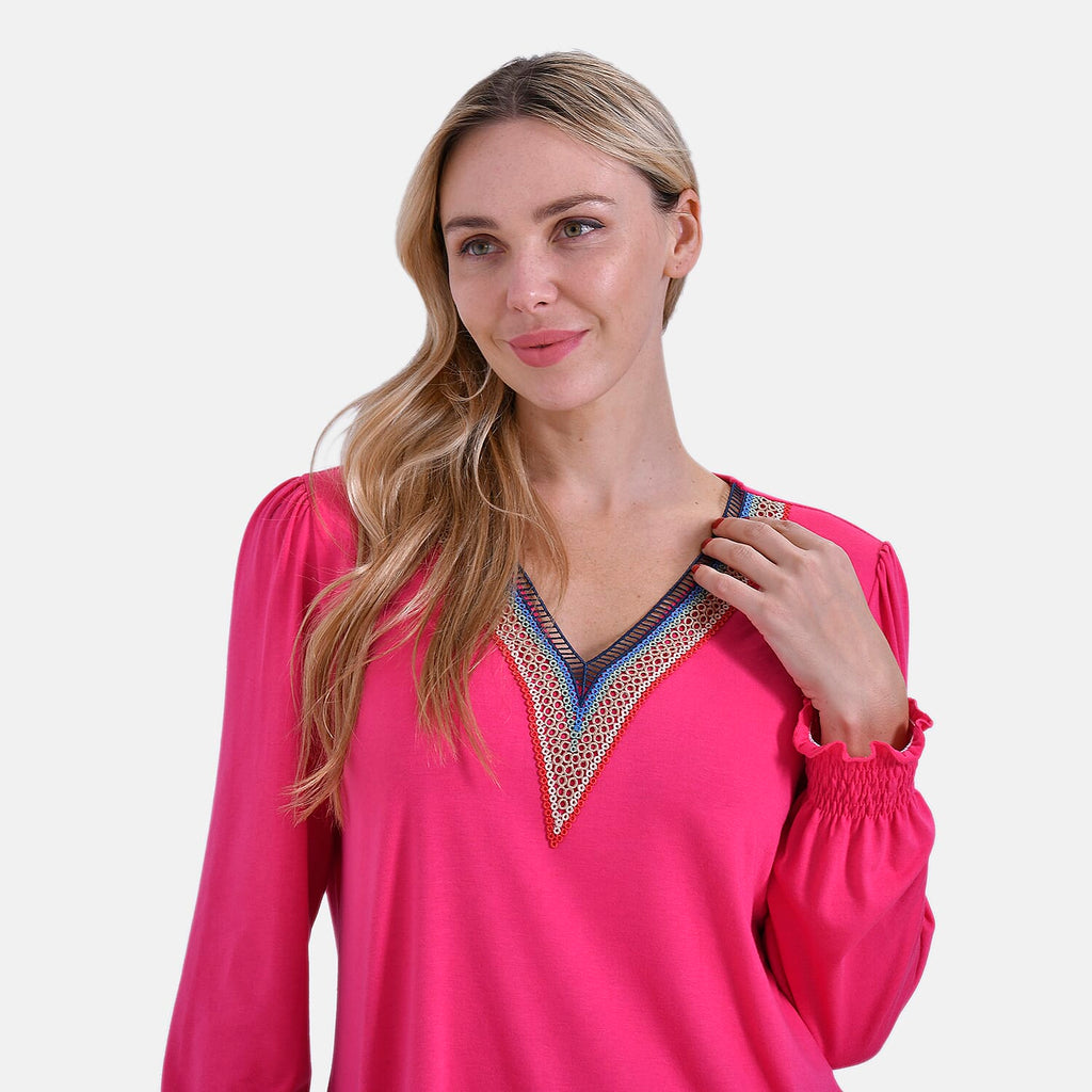 La Marey Elegant V-Neck Blouse with Lace Detail (Size 8 to 10) - Fuschia