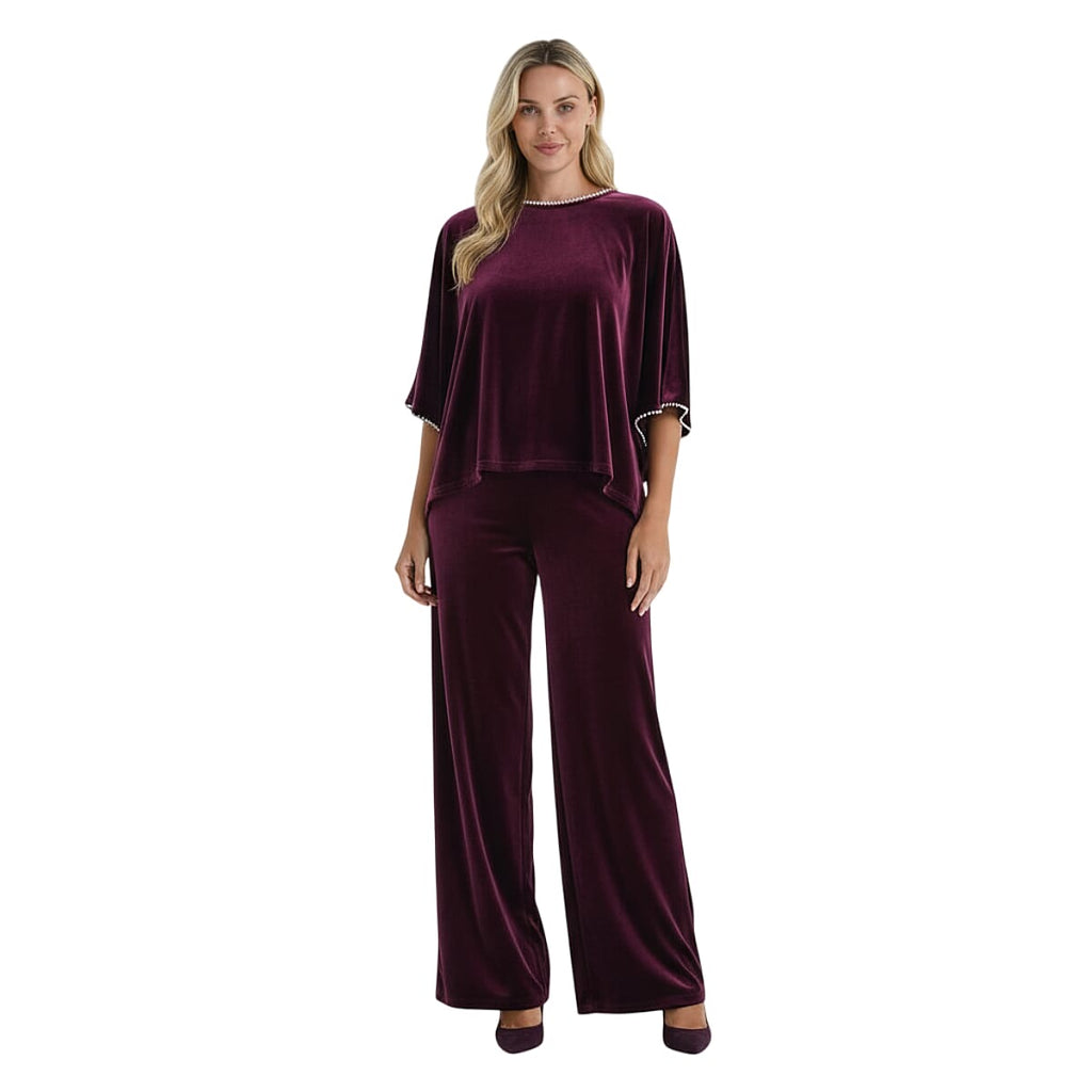 La Marey Pearl Detail Velvet Blouse (Size - L-XL) - Dark Purple