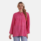 La Marey Linen Blend Super Soft Long Sleeve Mandarin Collar Top (Size L) - Hot Pink