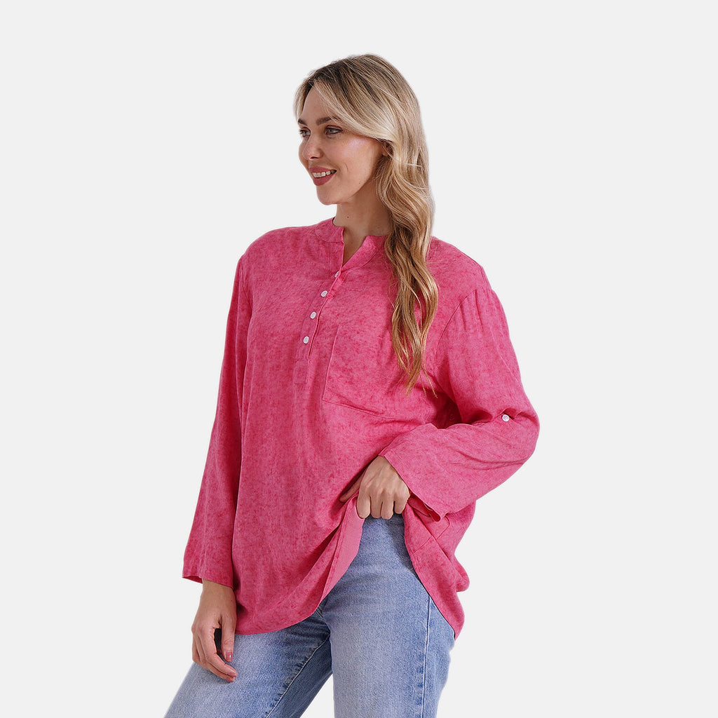La Marey Linen Blend Super Soft Long Sleeve Mandarin Collar Top (Size L) - Hot Pink