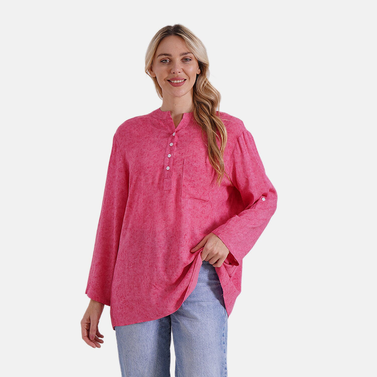 La Marey Linen Blend Super Soft Long Sleeve Mandarin Collar Top (Size L) - Hot Pink 8032391 4