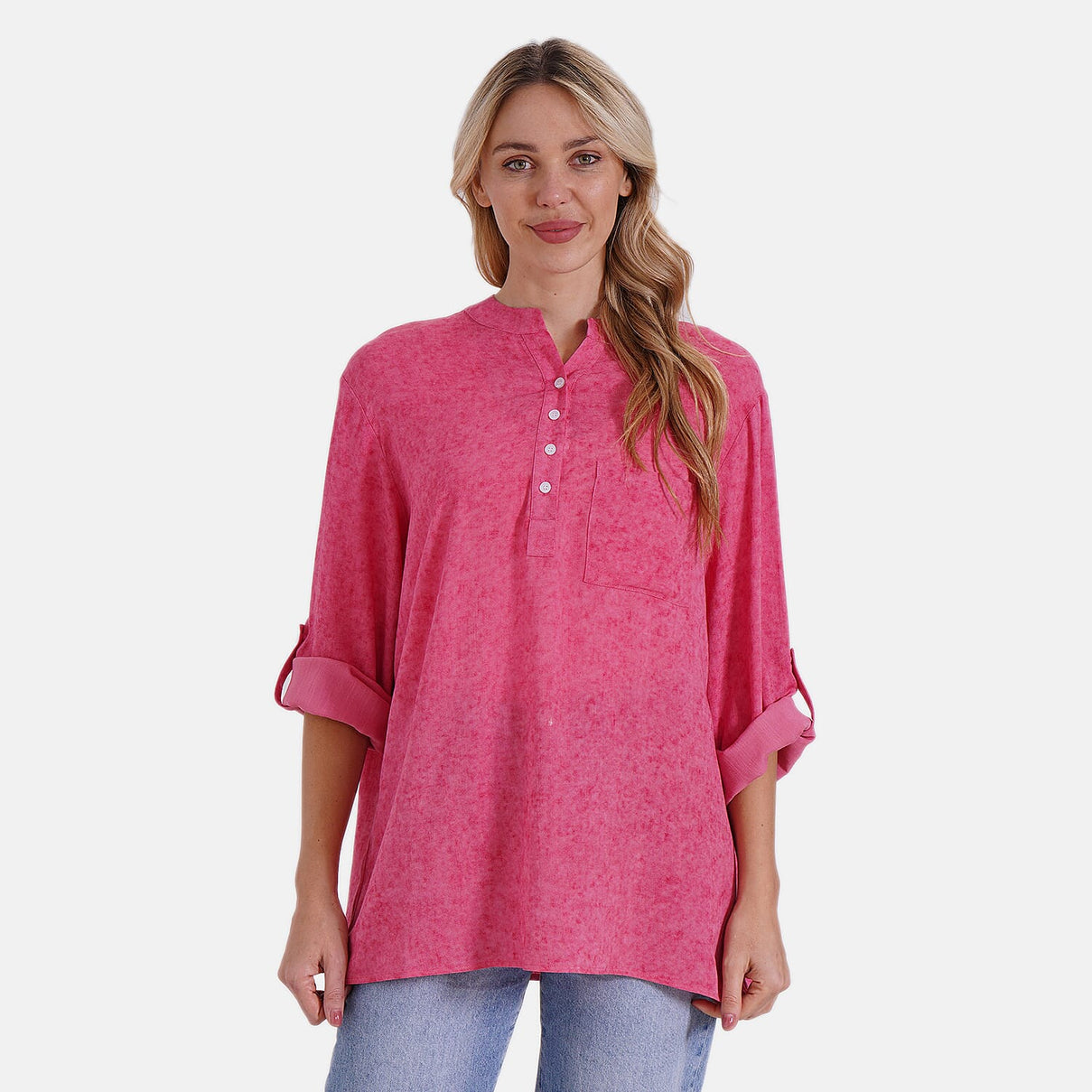 La Marey Linen Blend Super Soft Long Sleeve Mandarin Collar Top (Size L) - Hot Pink 8032391 5