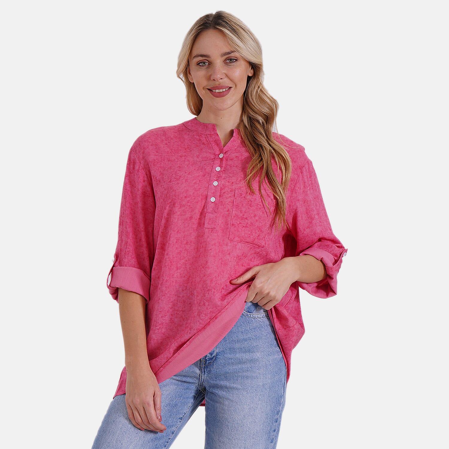 La Marey Linen Blend Super Soft Long Sleeve Mandarin Collar Top (Size L) - Hot Pink 8032391 6