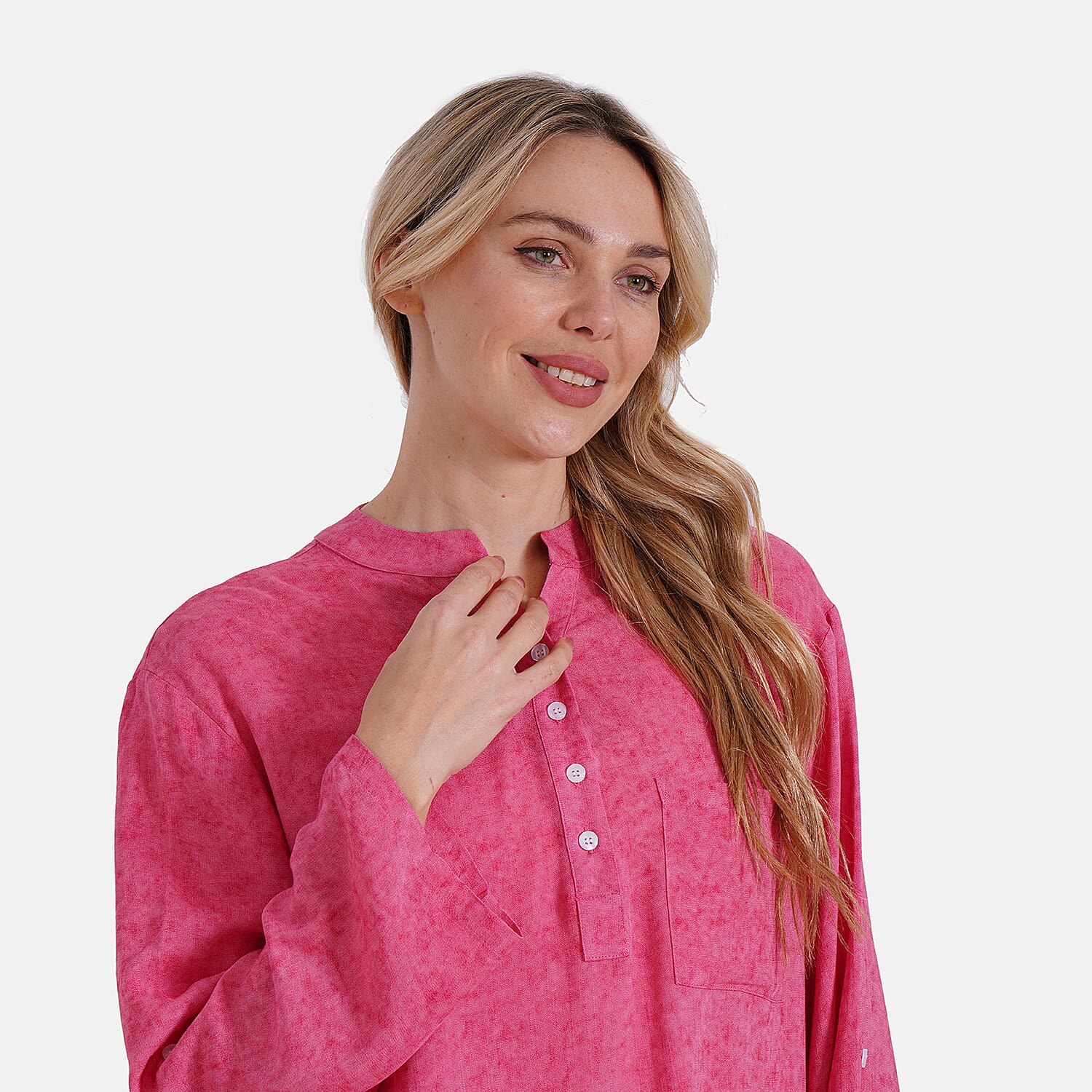 La Marey Linen Blend Super Soft Long Sleeve Mandarin Collar Top (Size L) - Hot Pink 8032391 7