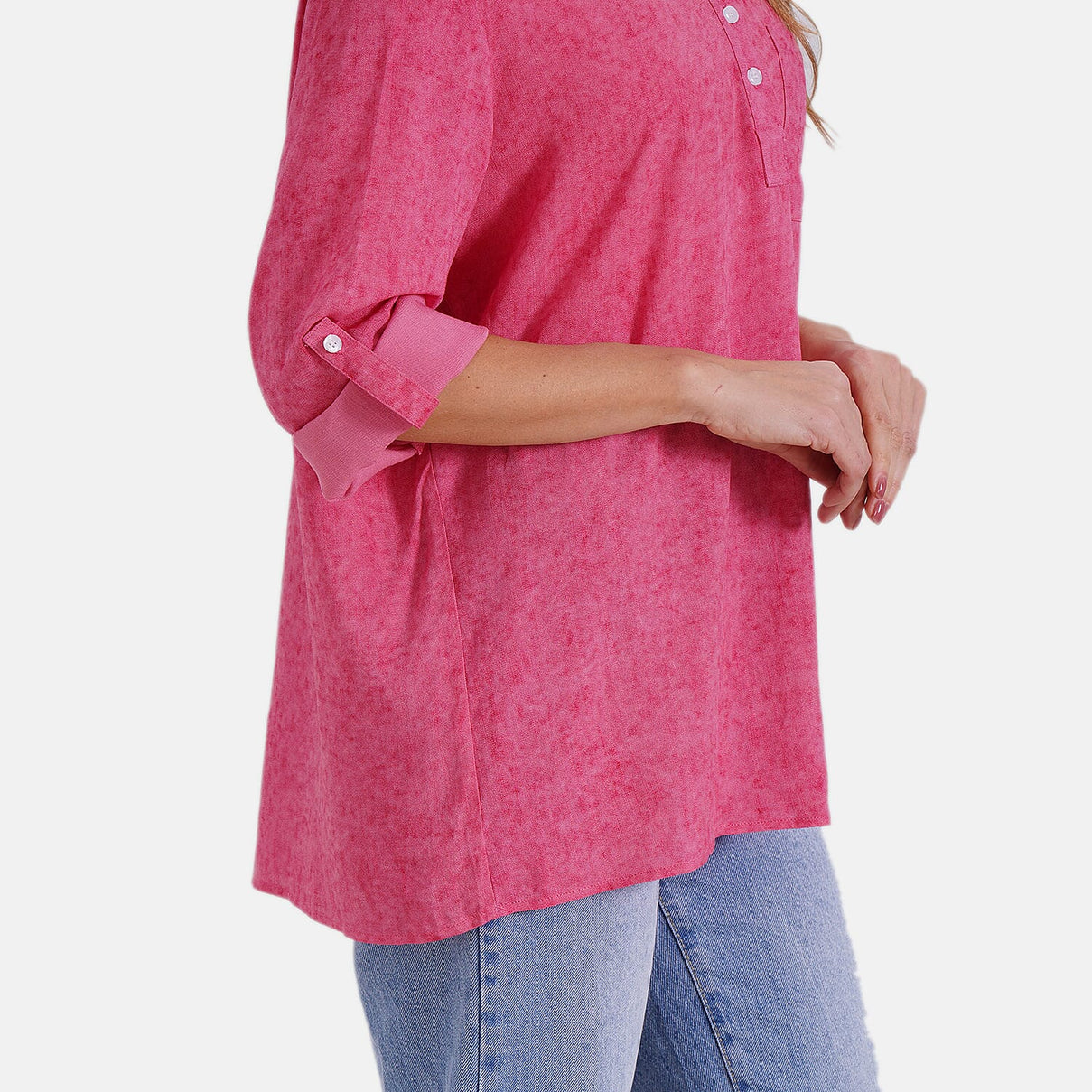 La Marey Linen Blend Super Soft Long Sleeve Mandarin Collar Top (Size L) - Hot Pink 8032391 8