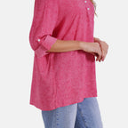 La Marey Linen Blend Super Soft Long Sleeve Mandarin Collar Top (Size L) - Hot Pink