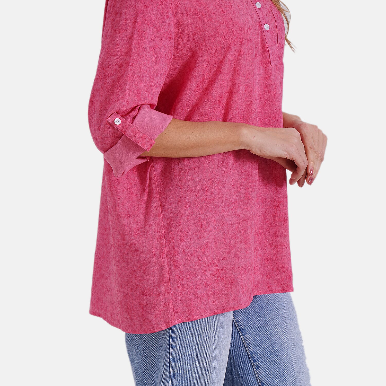 La Marey Linen Blend Super Soft Long Sleeve Mandarin Collar Top (Size L) - Hot Pink 8032391 8