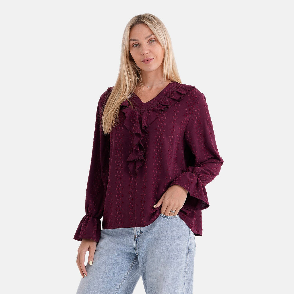 La Marey French Style Frill Blouse (Size 16 to 18) - Red