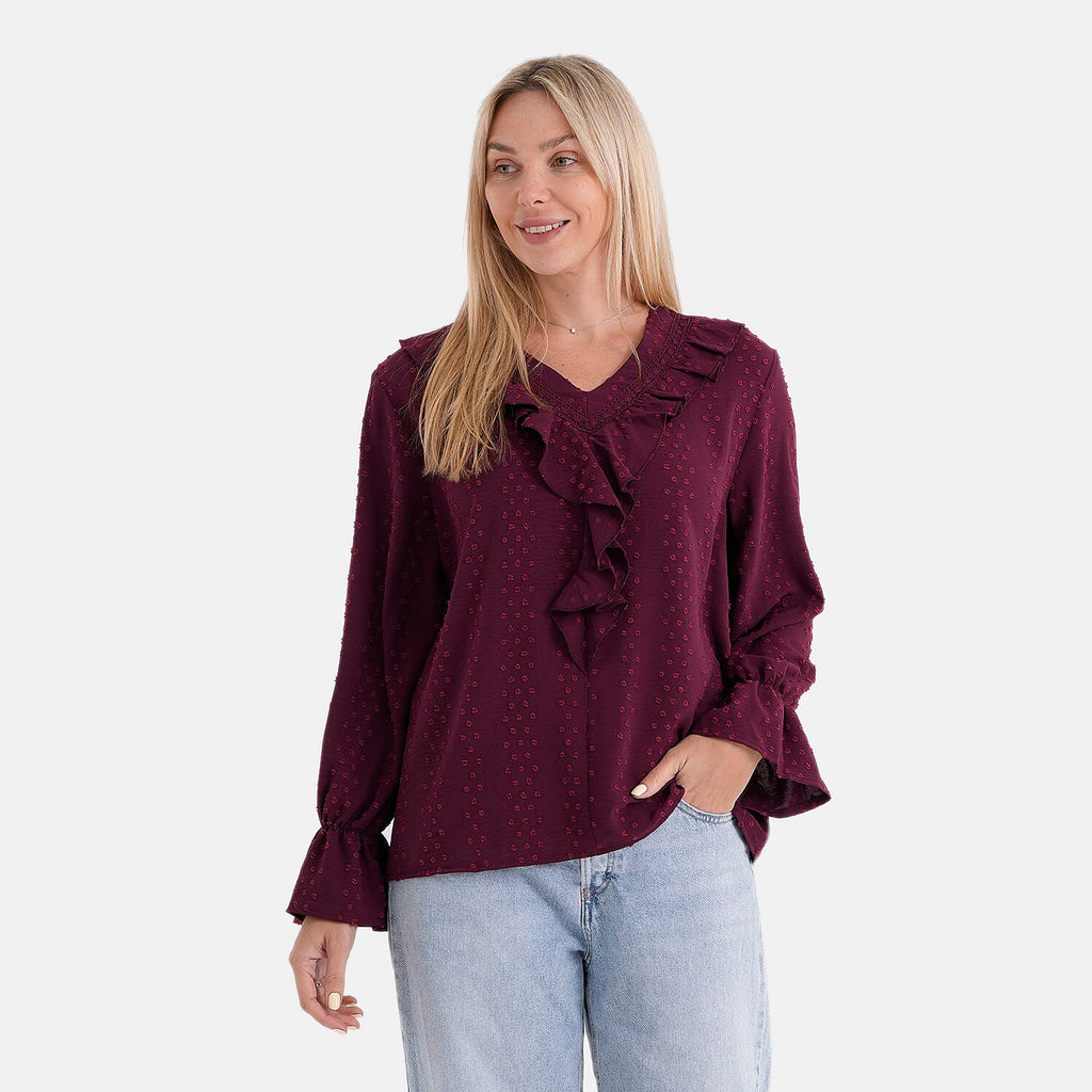 La Marey French Style Frill Blouse (Size 16 to 18) - Red
