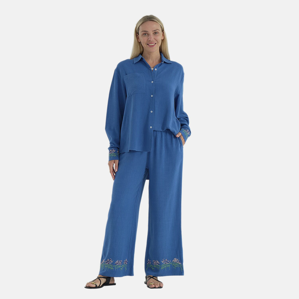 La Marey Linen Blend Relaxed Fit Embroidered Trousers (Size M, 12-14) - Blue V32701506 0