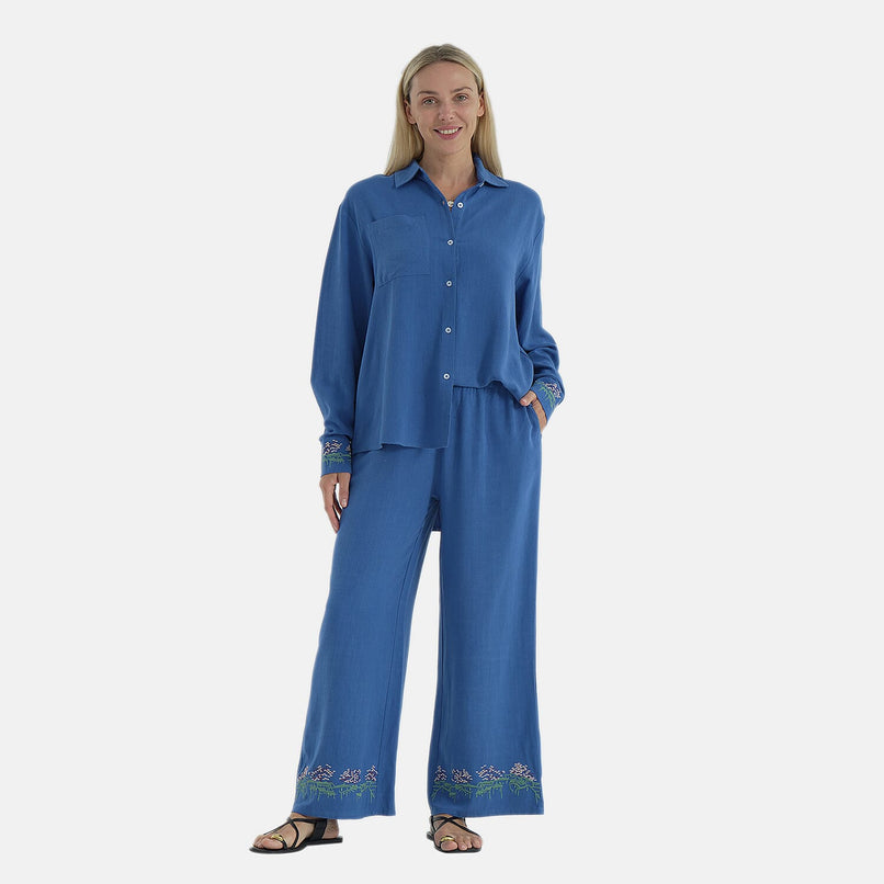 La Marey Linen Blend Relaxed Fit Embroidered Trousers (Size M, 12-14) - Blue