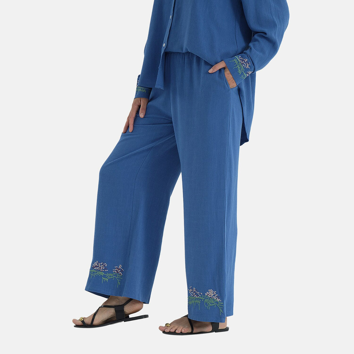 La Marey Linen Blend Relaxed Fit Embroidered Trousers (Size M, 12-14) - Blue V32701506 3