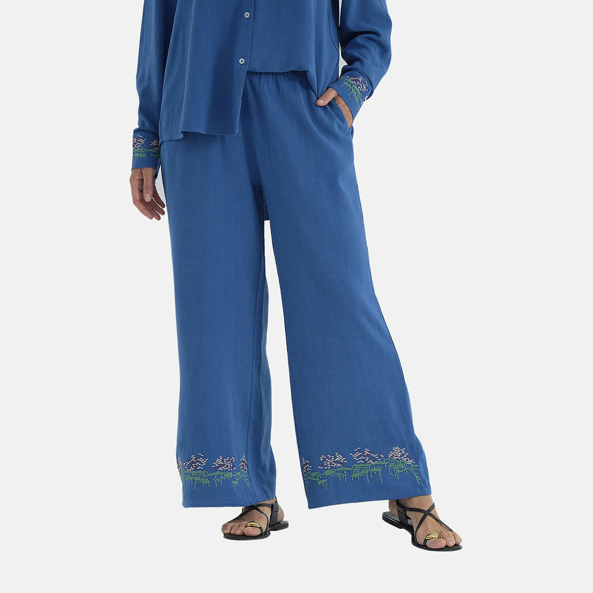 La Marey Linen Blend Relaxed Fit Embroidered Trousers (Size M, 12-14) - Blue V32701506 4
