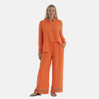 La Marey Linen Blend Relaxed Fit Embroidered Trousers (Size L) - Orange