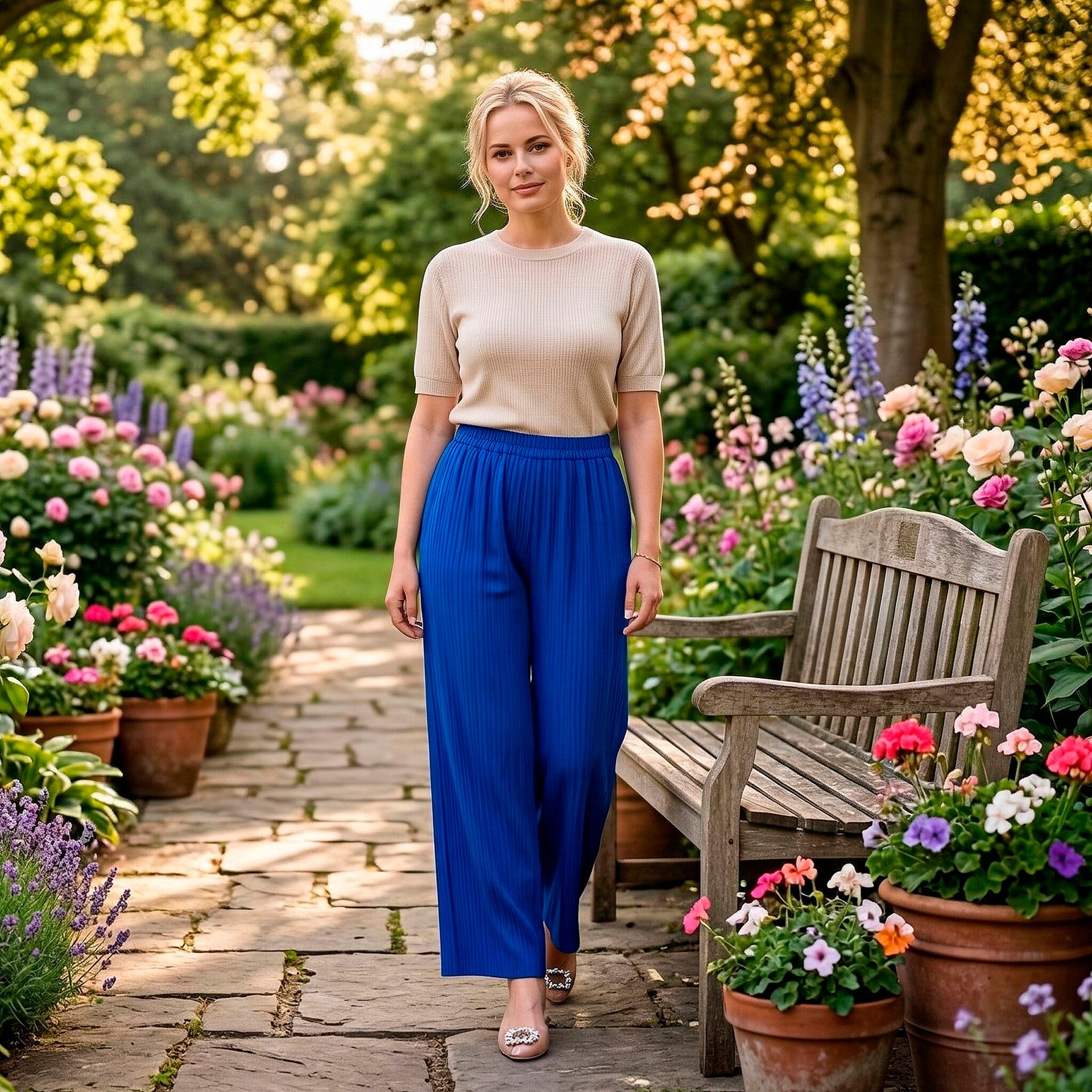 La Marey Designer High-Waisted Relaxed Fit Wide-Leg Trousers (Size - L-XL, 16 to 22) - Blue 8437522 2