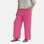 LA MAREY Linen Blend Womens Embroidered Details Relaxed Fit Trousers (Size M) - Pink