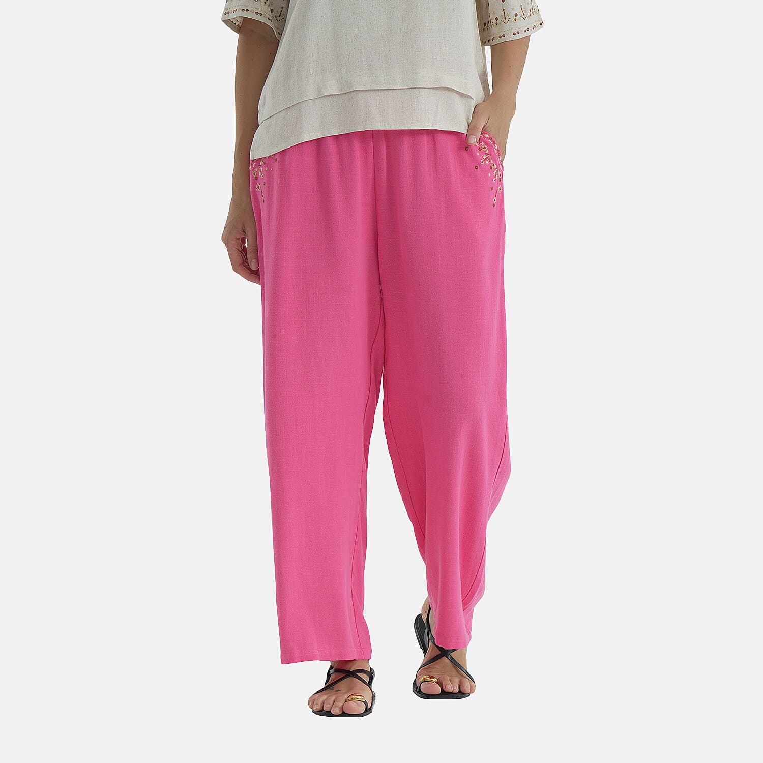 LA MAREY Linen Blend Womens Embroidered Details Relaxed Fit Trousers (Size 10-12) - Pink V32543274 4