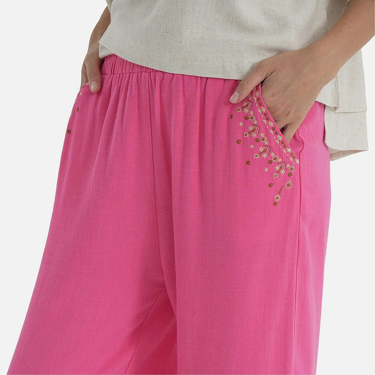 LA MAREY Linen Blend Womens Embroidered Details Relaxed Fit Trousers (Size 10-12) - Pink V32543274 5