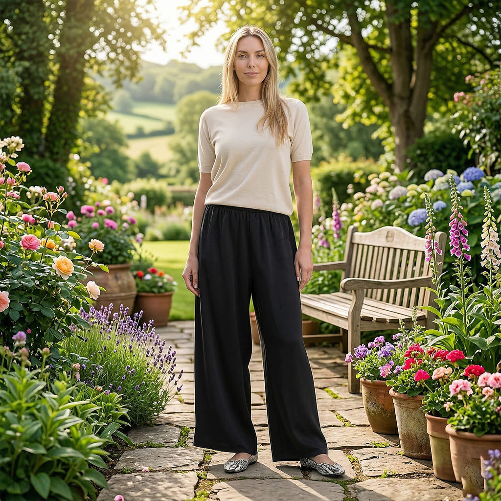 La Marey Silk Feeling Wide Leg Trousers (Size - L-XL) - Black