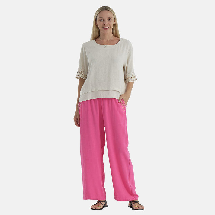 LA MAREY Linen Blend Womens Embroidered Details Relaxed Fit Trousers (Size 20-22) - Pink 8037805 2