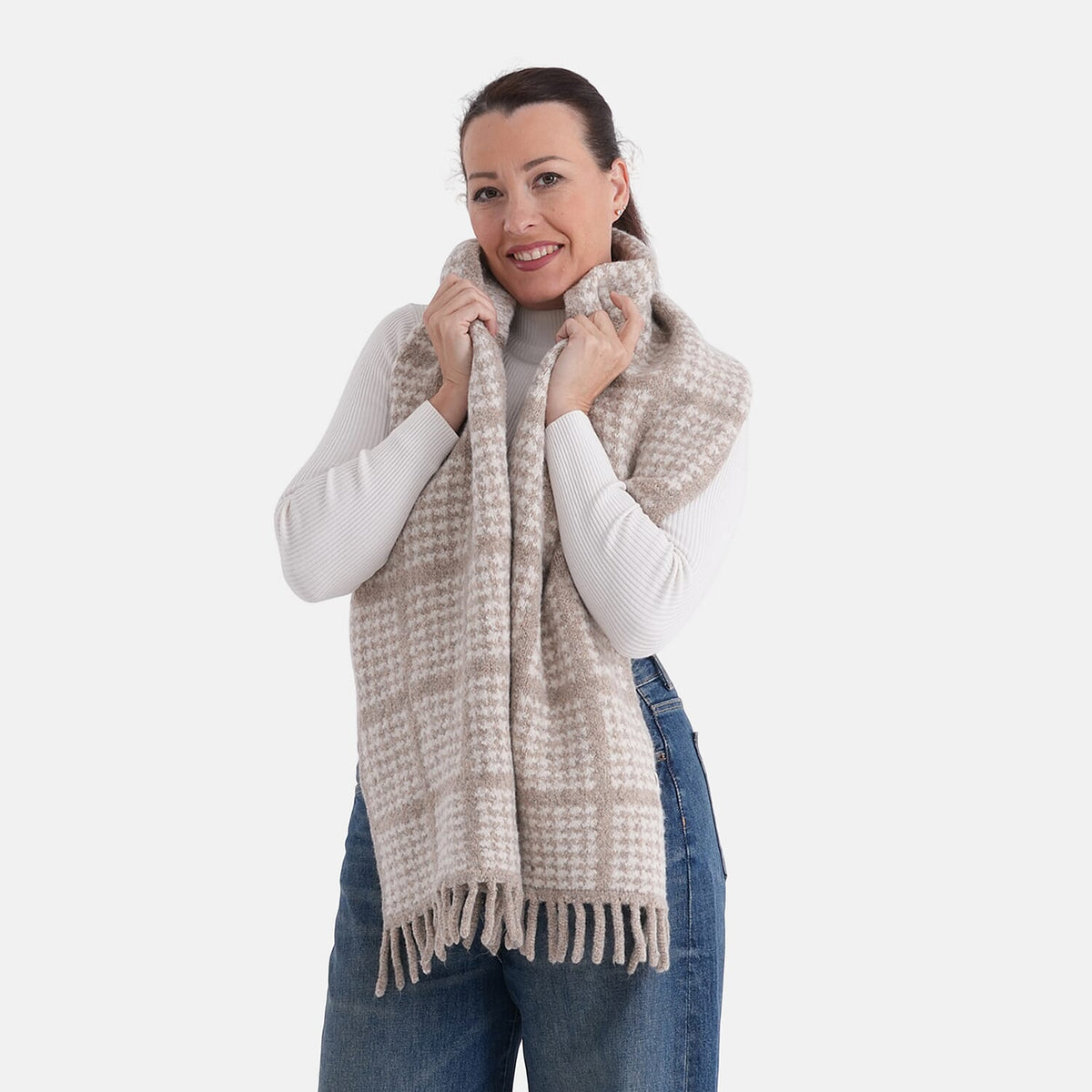 La Marey Super Soft  Checkered Scarf with Tassel (180 X 30cm, One Size) - OatMeal V32515989 0
