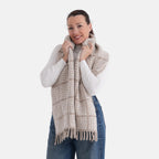 La Marey Super Soft Wool Blend Checkered Scarf with Tassel (180 X 30cm, One Size) - Beige