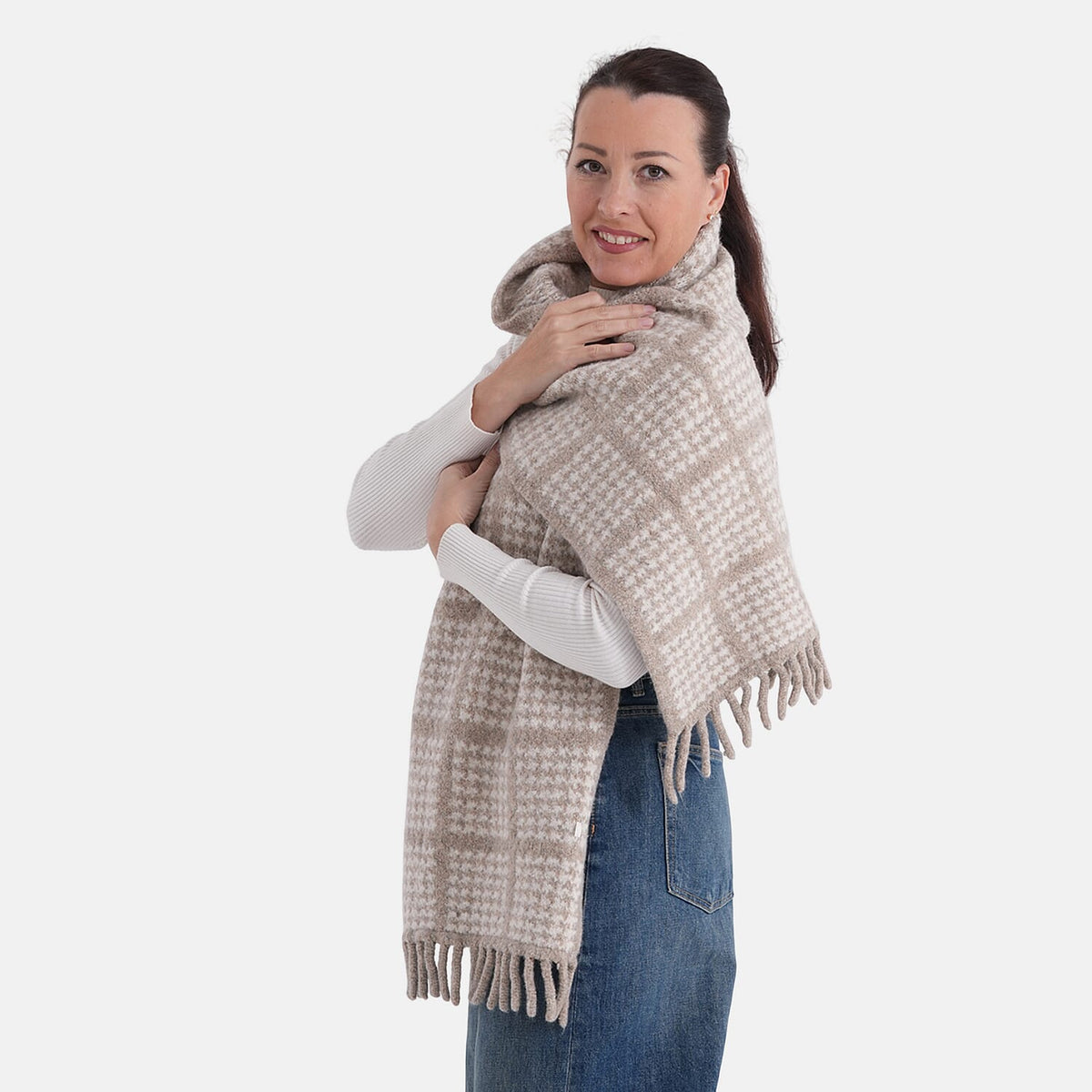 La Marey Super Soft  Checkered Scarf with Tassel (180 X 30cm, One Size) - OatMeal V32515989 3