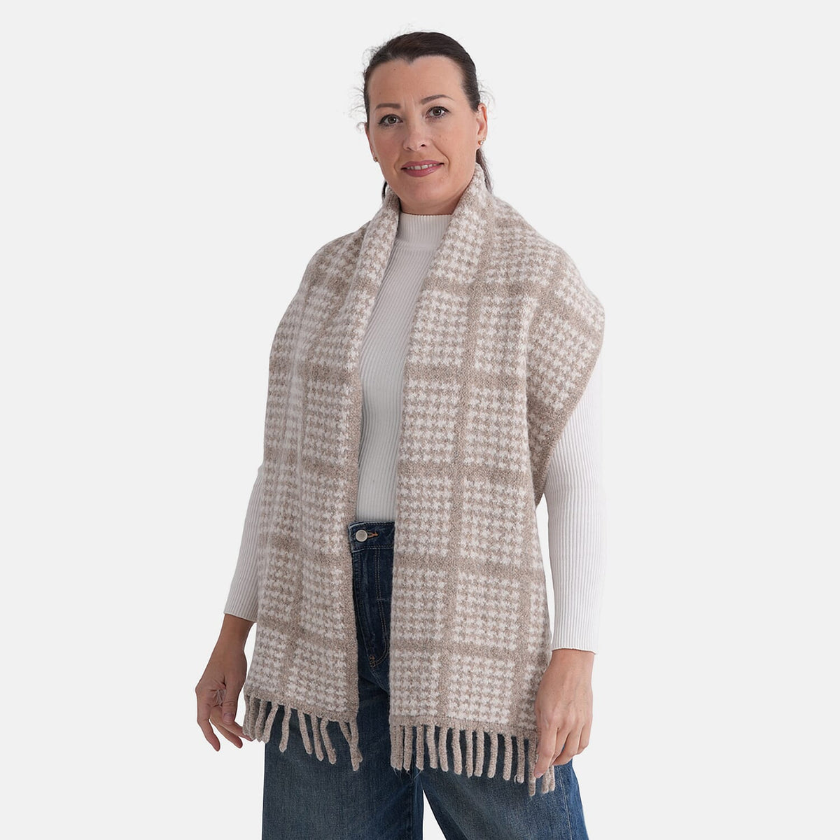 La Marey Super Soft  Checkered Scarf with Tassel (180 X 30cm, One Size) - OatMeal V32515989 4