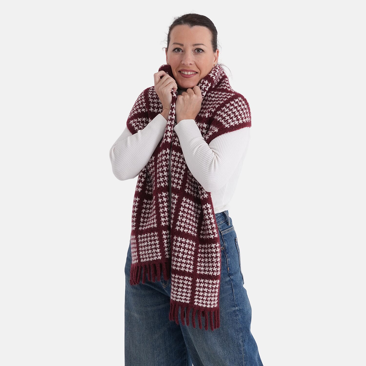 La Marey Super Soft Checkered Scarf with Tassel (180 X 30cm, One Size) - Burgundy 8357219 0