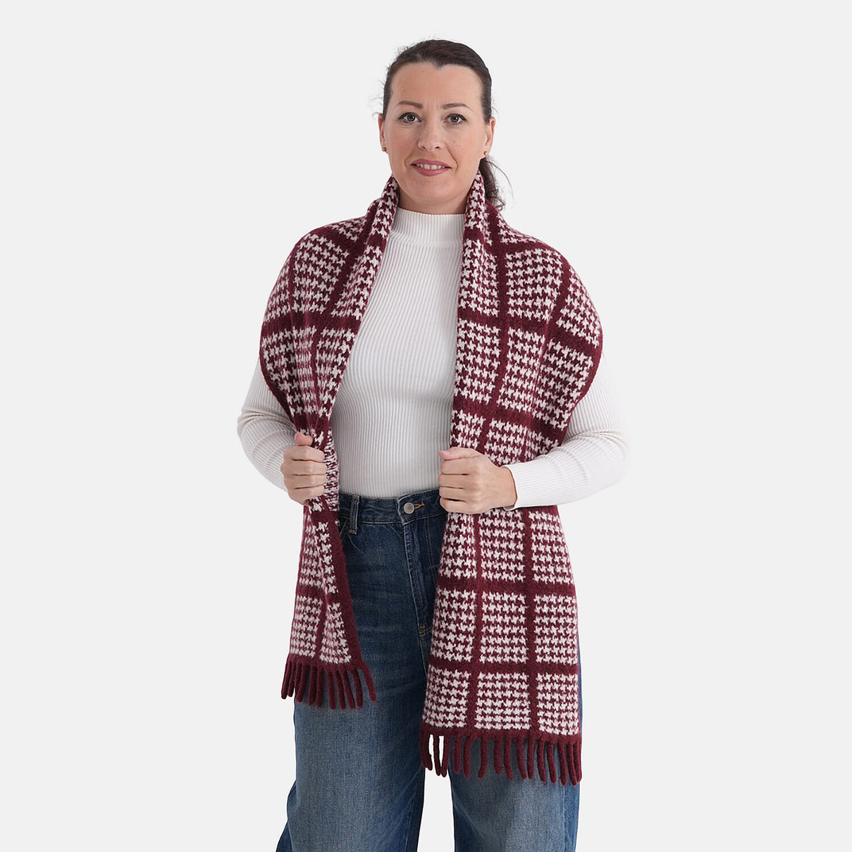 La Marey Super Soft Checkered Scarf with Tassel (180 X 30cm, One Size) - Burgundy 8357219 2