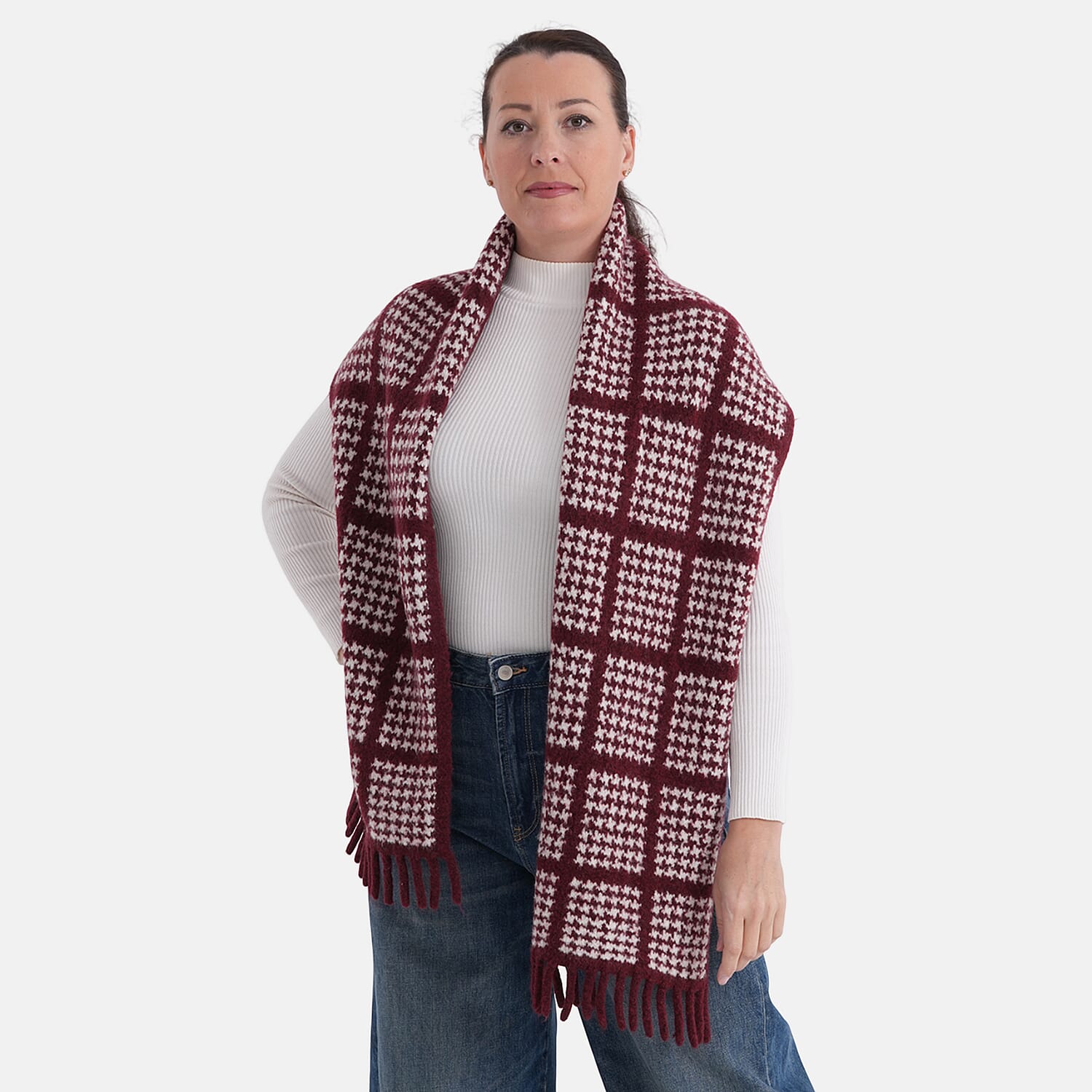 La Marey Super Soft Checkered Scarf with Tassel (180 X 30cm, One Size) - Burgundy 8357219 3