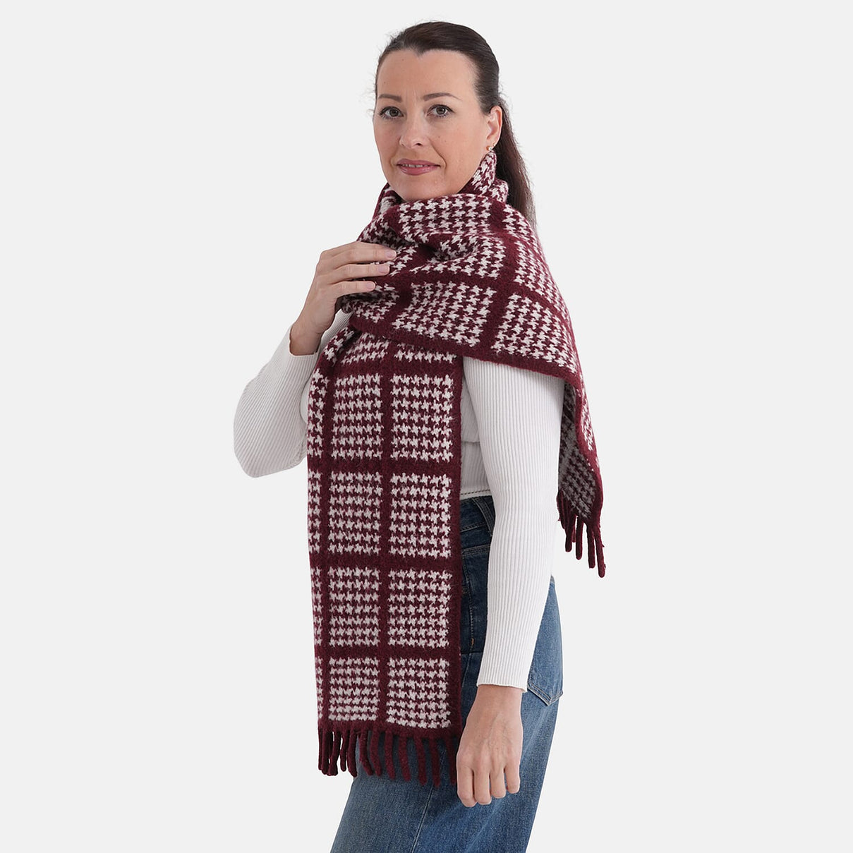 La Marey Super Soft Checkered Scarf with Tassel (180 X 30cm, One Size) - Burgundy 8357219 4
